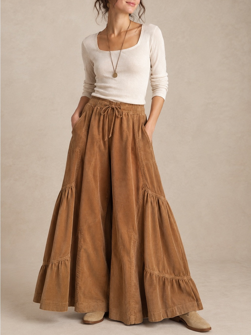 Easel Los Angeles S Butterscotch Corduroy Tiered Wide Leg Palazzo Pants NWT